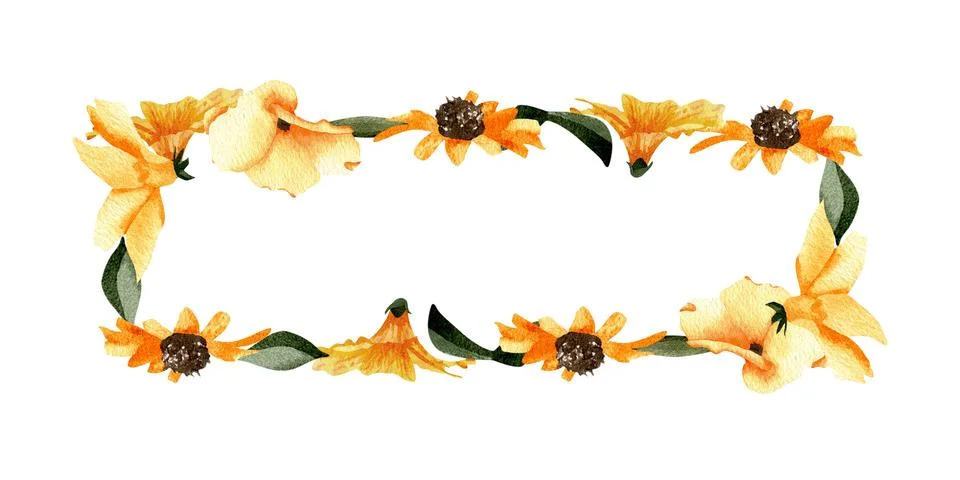 Rectangular frame with a pattern of yellow wildflowers and leaves. Watercol.. Illustrazione stock