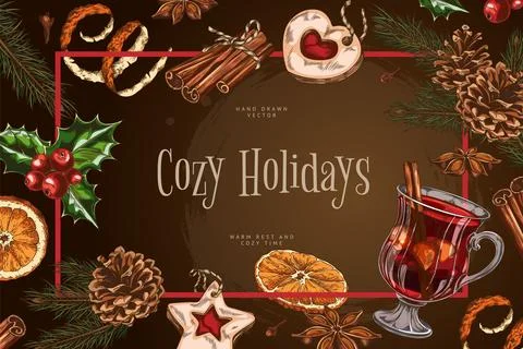 Rectangular frame poster with glass of mulled wine, cinnamon, pine cones, holly Illustrazione stock