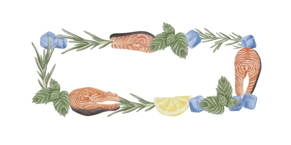 Rectangular frame with red fish fillet, shells, lemon, mint, rosemary, and ic Stock Illustration