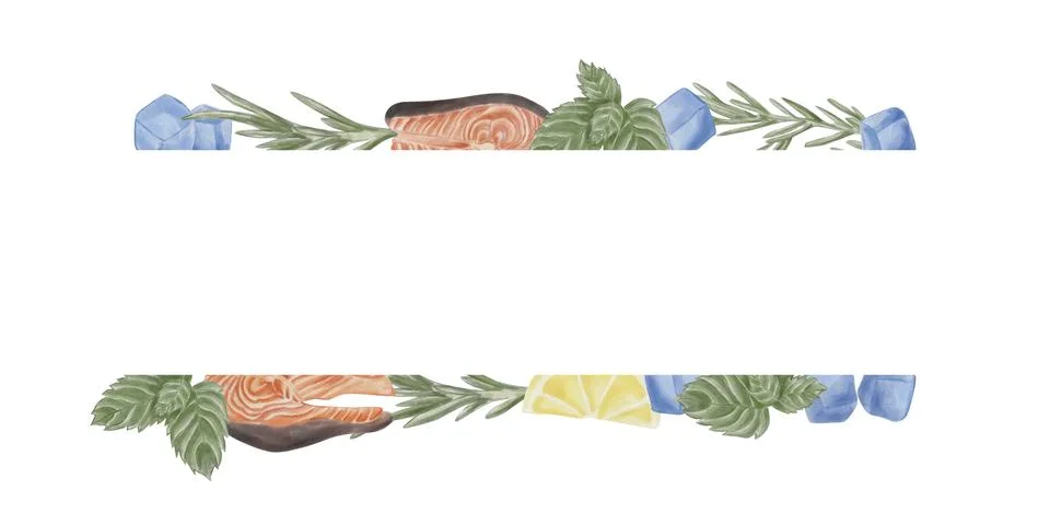 A rectangular frame with red fish fillet, shells, lemon, mint, rosemary, and  Illustrazione stock