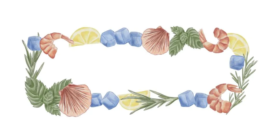 Rectangular frame with shrimp, shells, lemon, mint, rosemary, and ice cubes.  Stock Illustration