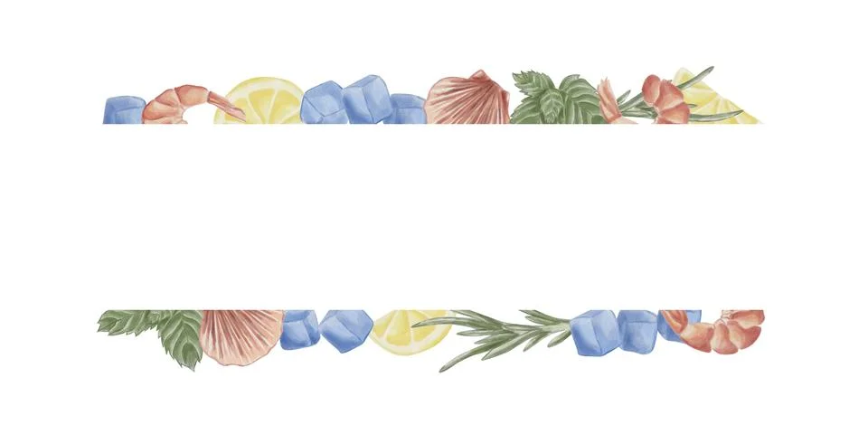 A rectangular frame with shrimp, shells, lemon, mint, rosemary, and ice cub.. Stock Illustration