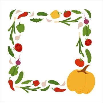 Rectangular frame of simple flat vegetables. Colorful autumn harvest of pumpkin  Stock Illustration