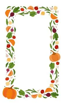 Rectangular frame of simple flat vegetables. Colorful autumn harvest of pumpkin  Stock Illustration