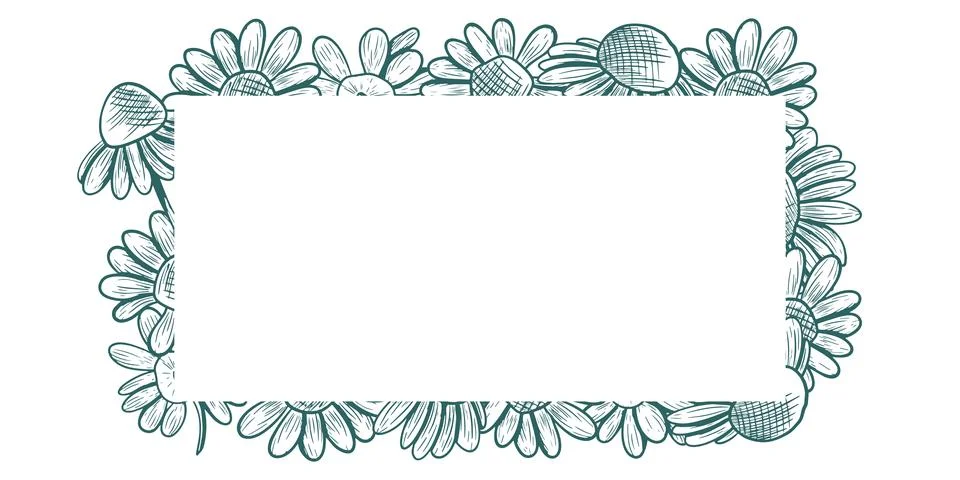 Rectangular frame with space for text and daisy flowers. Vector frame in li.. Stock Illustration
