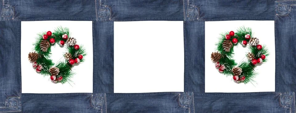 Rectangular frame with three boxed sections made of dark blue jeans with deco Stock Photos