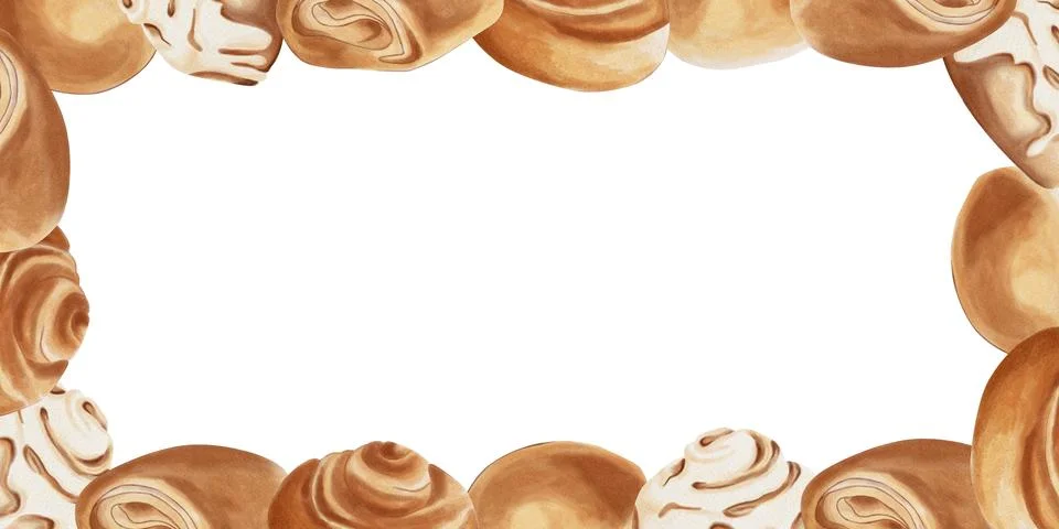 A rectangular frame with watercolor buns extending over the edges. Sweet buns Stock Illustration