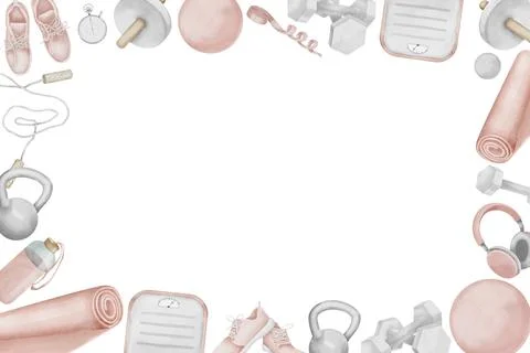 Rectangular Frame of women's Fitness exercise equipment. Hand drawn watercolor Stock Illustration