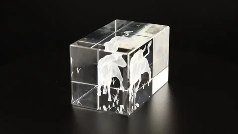 A rectangular glass block depicting a bull rotates on a black background. 스톡 동영상 153023485