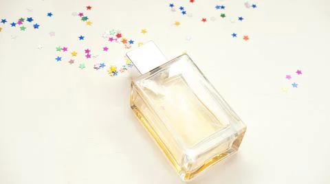 Rectangular glass bottle with perfume on a white background a place for text Stock Photos