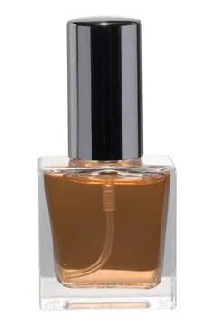 Rectangular glass perfume bottle with amber liquid and silver cap on isolat.. Foto stock
