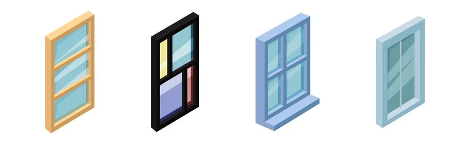 Rectangular Glass Windows in Frame Isometric Vector Set Illustrazione stock