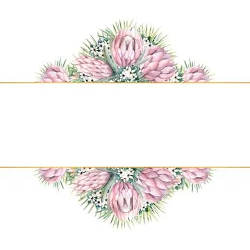 Rectangular gold frame with protea flowers, tropical leaves, palm leaves Illustrazione stock