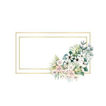 Rectangular gold frame with small flowers of actinidia, bouvardia, tropical and Stock Illustration