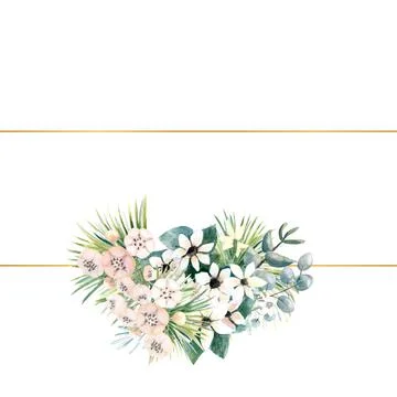 Rectangular gold frame with small flowers of actinidia, bouvardia, tropical and Stock Illustration