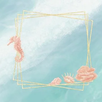 Rectangular gold frame with watercolor illustrations of a seahorse, shells, c Stock Illustration