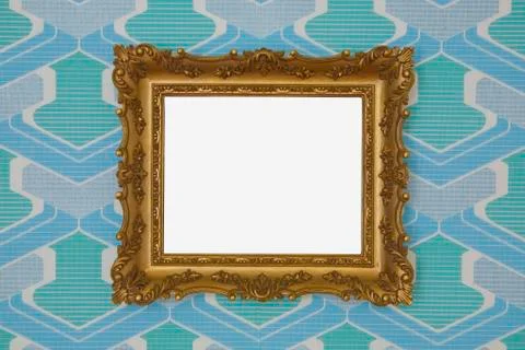 Rectangular golden plastic frame, mounted on out-dated wallpaper from the 196 Stock Photos