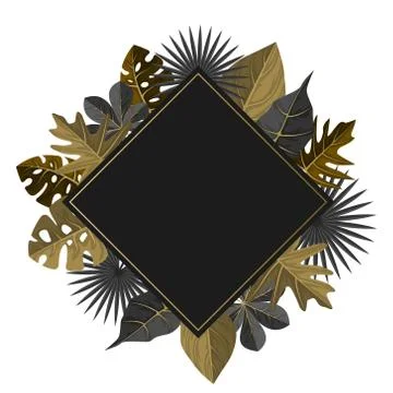 Rectangular Golden Tropical Plant Summer Leaf Border Frame Background Stock Illustration