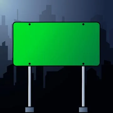 Rectangular green road sign on a background landscape of a night city. Copy s 스톡 일러스트