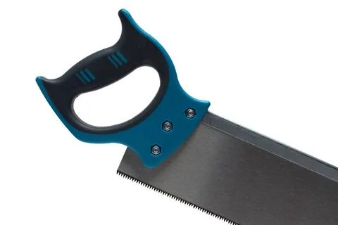 Rectangular hand saw blue handle white background Partial view close up of... Stock Photos
