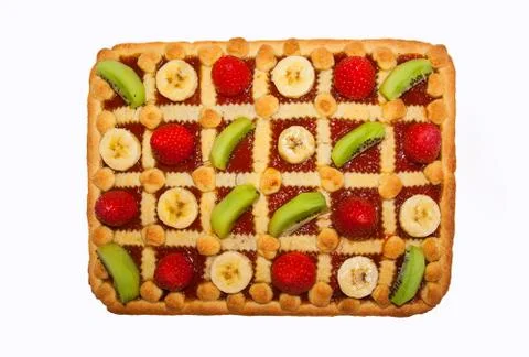Rectangular handmade  tart with strawberry, kiwi, banana viewed from above Stock Photos