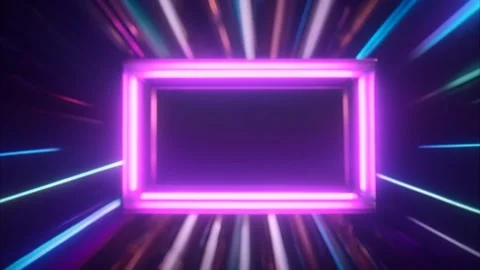 A rectangular horizontal neon glowing frame around rays of long, colorful, .. Stock Footage 273954612