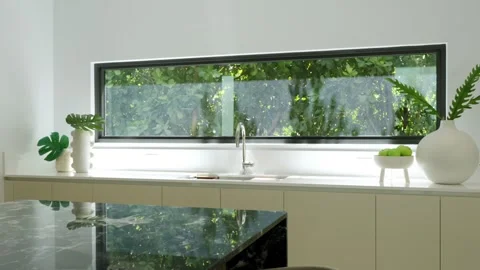 Rectangular horizontal window located along countertop with stainless steel tap Stock Footage 282285184