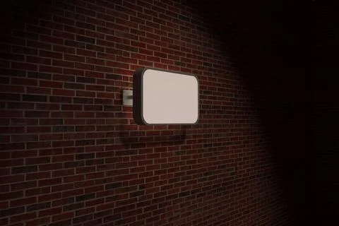 Rectangular illuminated sign box is casting glow onto dark red brick wall in Stock Illustration