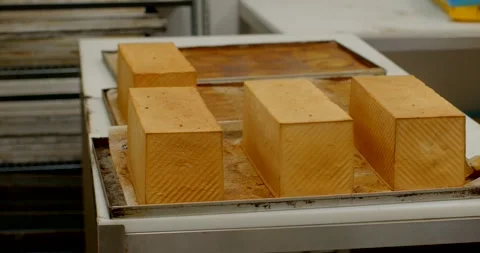 Rectangular loaves cooling on sheet pans in commercial bakery production area Stock Footage 344582734