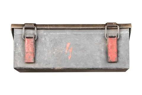 Rectangular metal box with high voltage, weathered surface and two red latc.. Stock Photos