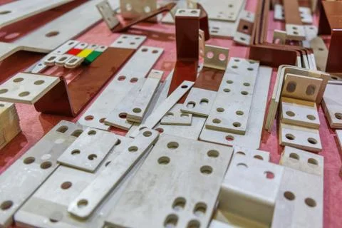 Rectangular metal plates with round holes. Stock Photos