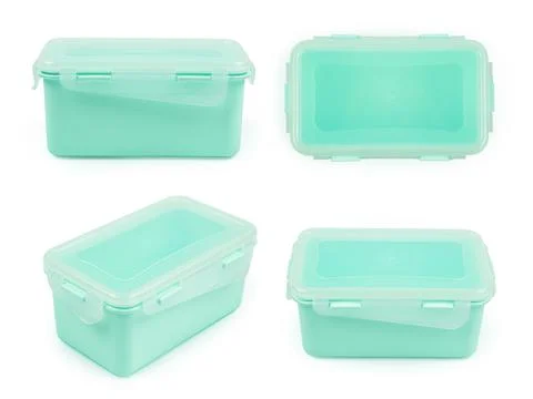 Rectangular mint plastic food container in four views isolated Stock Photos