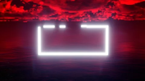 A rectangular neon luminous frame appears above surface of the sea. Stockbeeldmateriaal 131606052