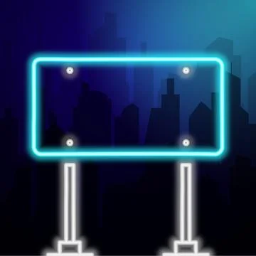 Rectangular neon road sign on a background landscape of a night city. Copy sp Stock Illustration