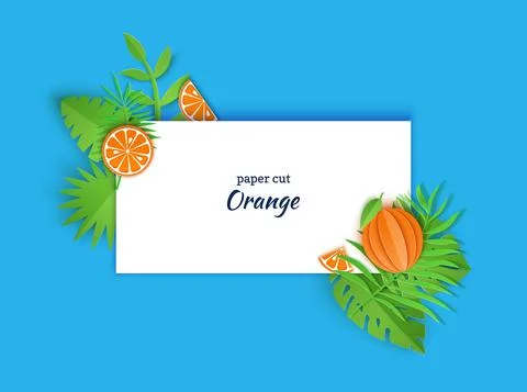 Rectangular note sheet decorated with jungle paper cut green leaves and orange Stock-Illustration