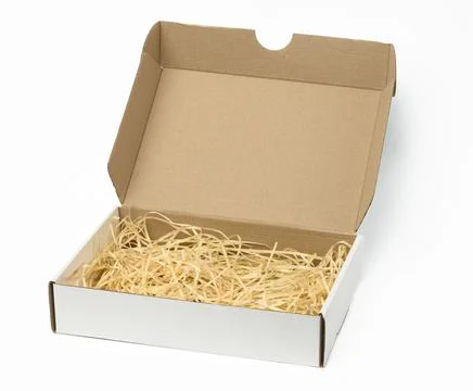Rectangular open corrugated paper box with sawdust inside. Packaging, contain Stock Photos