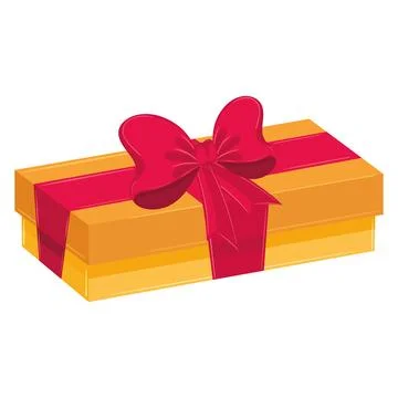Rectangular orange gift box with large red bow Vector Illustrazione stock