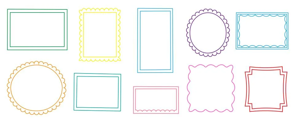 Rectangular, oval, circular, scallop edged border frame vector shapes. Stock Illustration