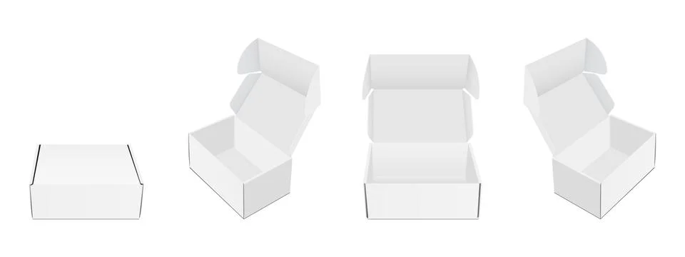 Rectangular Paper Box with Various Views, Closed, Opened Lid Stock Illustration
