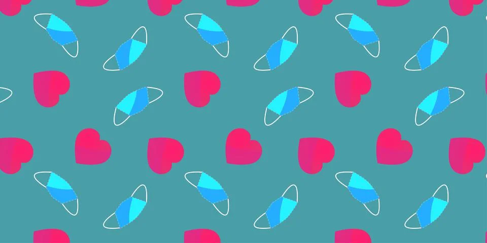 Rectangular pattern of pink hearts and blue medical masks in flat style on a イラスト素材