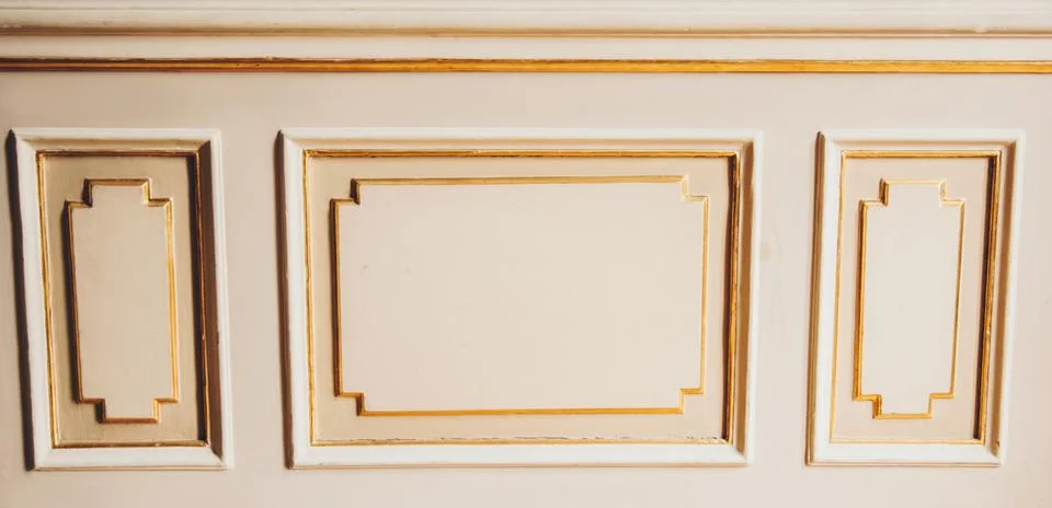 Rectangular pattern of white wooden panels hanging on the wall closeup. inter Stock Photos