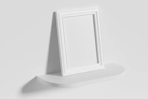 Rectangular photo frame on white rounded shelf leaning at wall top diagonal v Stock Illustration