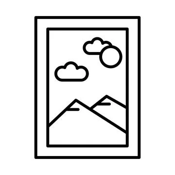 Rectangular picture with mountains and sun scene line style icon Stock Illustration