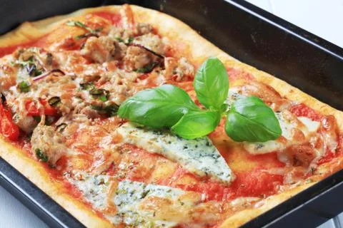 Rectangular pizza topped with blue cheese and tuna Stock Photos