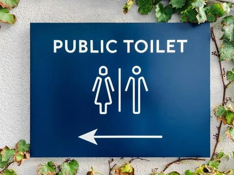 Rectangular plaque on an ivy-covered wall. Caption: Public toilet Rectangu... Stock Photos