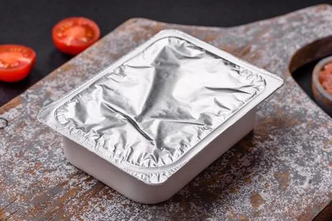 Rectangular plastic box with yogurt or cheese hermetically sealed with a fo.. Stock Photos