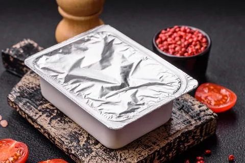 Rectangular plastic box with yogurt or cheese hermetically sealed with a foil Stock Photos