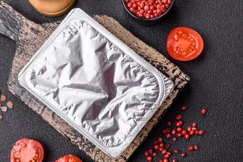 Rectangular plastic box with yogurt or cheese hermetically sealed with a fo.. Foto stock