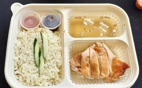 Rectangular plastic container with Hainanese chicken rice. 库存照片