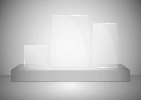 A rectangular podium with a glass pedestal or platform illuminated by spotlights Illustrazione stock